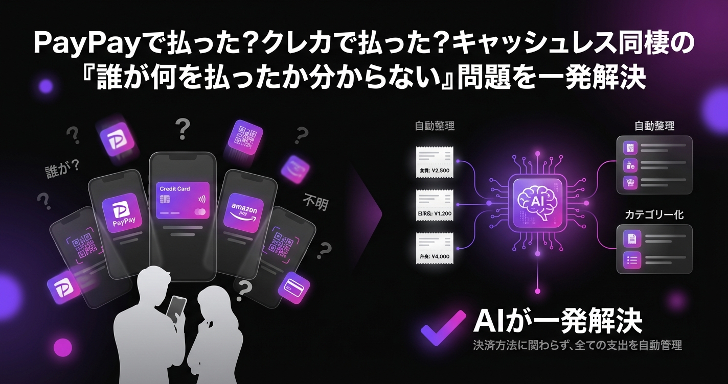 PayPayで払った？クレカで払った？キャッシュレス同棲の『誰が何を払ったか分からない』問題を一発解決のアイキャッチ画像 - 家計管理・レシートに関する記事