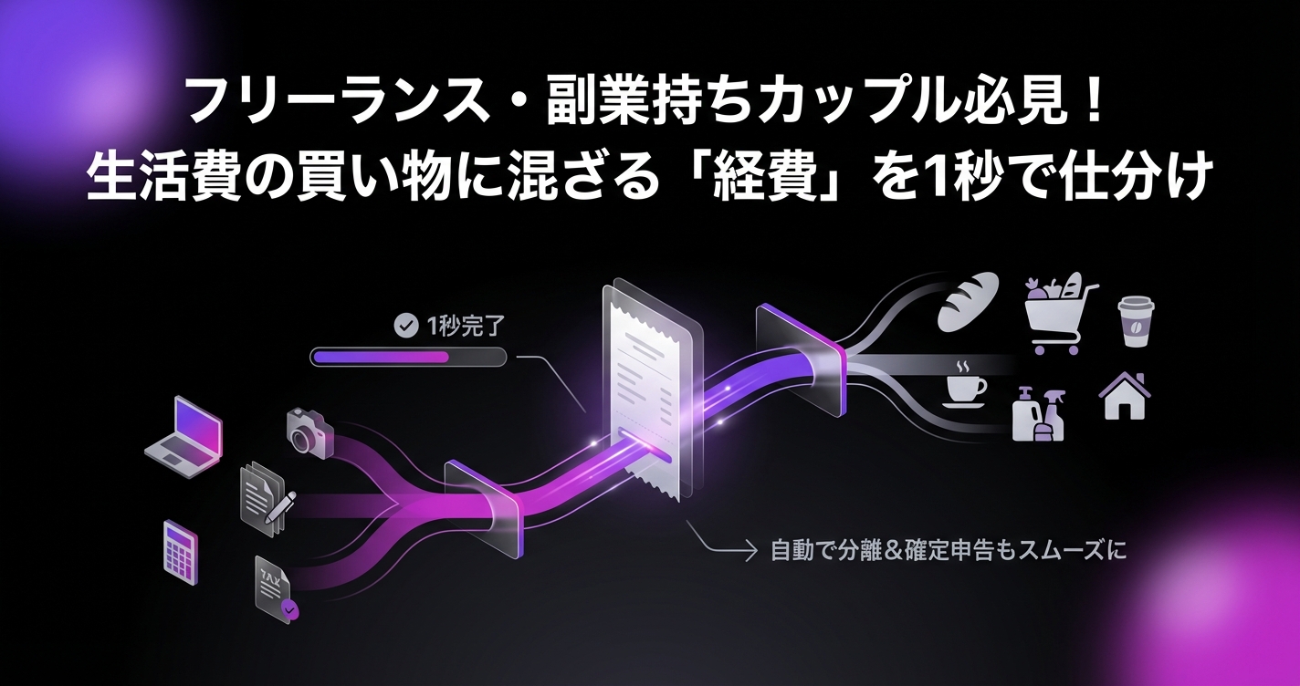 フリーランス・副業持ちカップル必見！生活費の買い物に混ざる「経費」を1秒で仕分けて、確定申告を楽にする方法のアイキャッチ画像 - 家計管理・レシートに関する記事