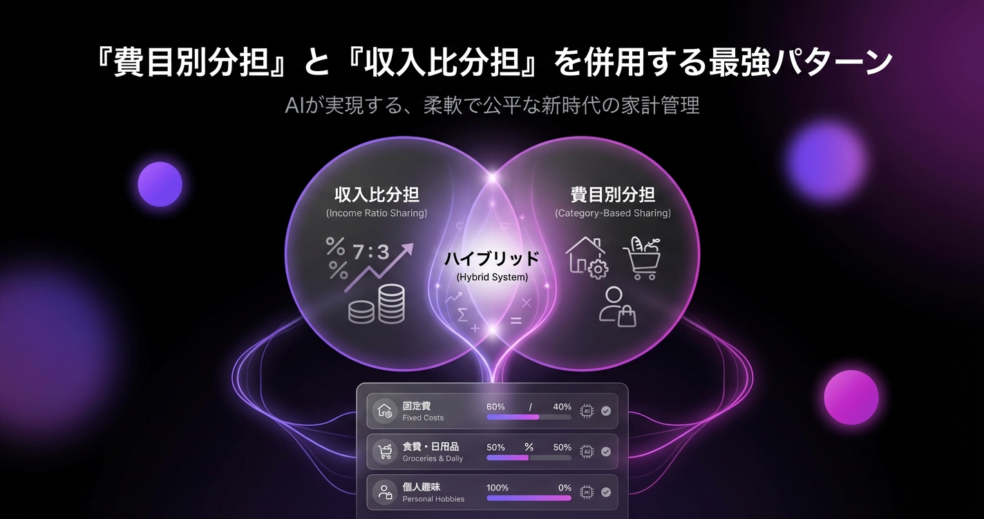 同棲の生活費、『費目別分担』と『収入比分担』を併用する最強パターン。AIが両方を同時に叶えるのアイキャッチ画像 - 同棲・カップルに関する記事