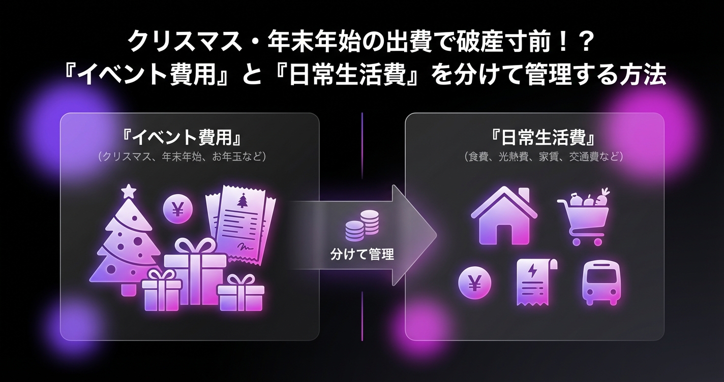 クリスマス・年末年始の出費で破産寸前！？『イベント費用』と『日常生活費』を分けて管理する方法のアイキャッチ画像 - 家計管理・レシートに関する記事